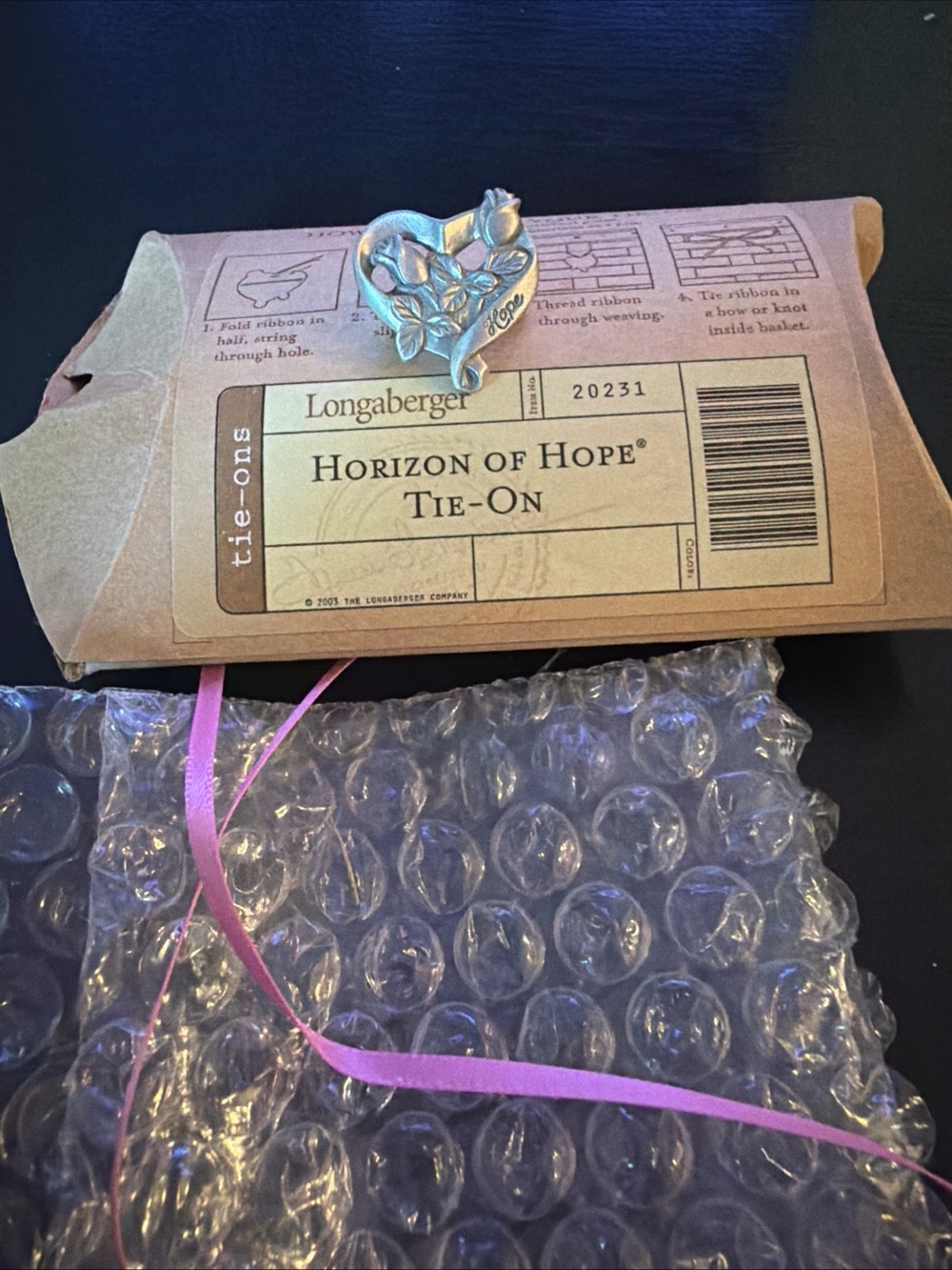 Longaberger Horizon of Hope Tie-On in Pink With Heart Shape charm
